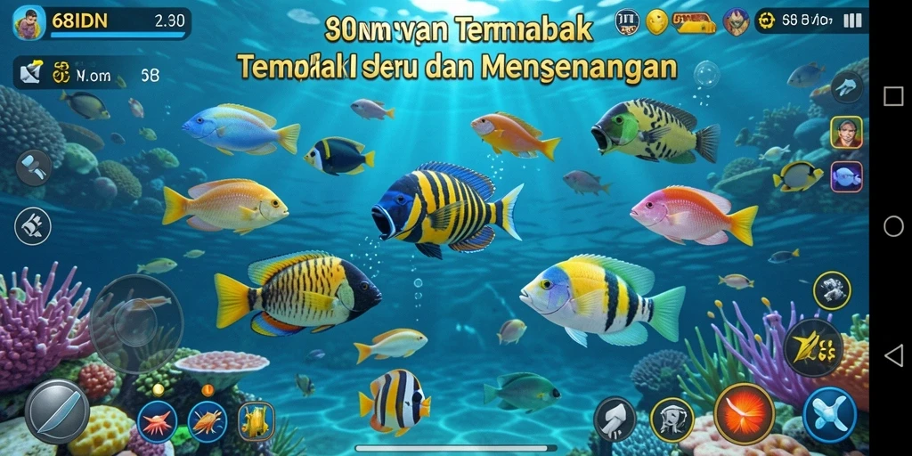 Gameplay seru Tembak Ikan di 68IDN dengan berbagai ikan untuk ditangkap.