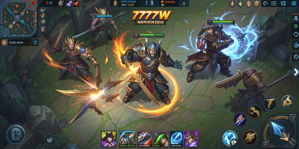 Screenshot utama 7777W menampilkan aksi seru dalam pertempuran MOBA.