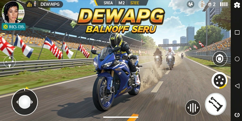 Tampilan seru gameplay DEWAPG dengan balapan motor yang mendebarkan.