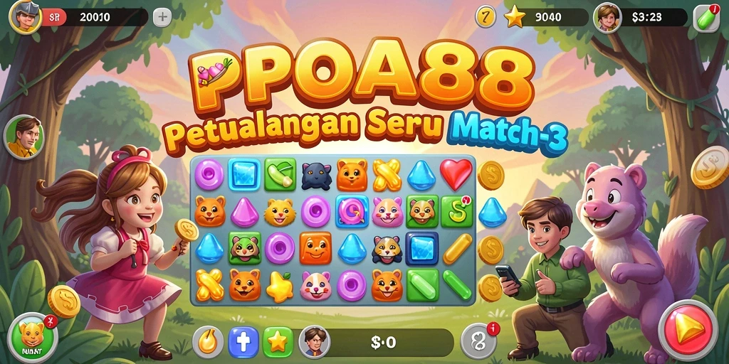 Tampilan menarik dari gameplay match-3 di POA88 dengan permata berwarna-warni.