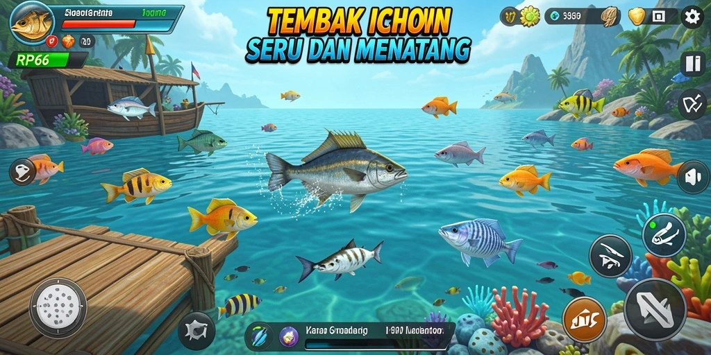 Screenshot gameplay RP66 menunjukkan keseruan menembak ikan di bawah laut.