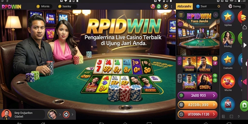 Screenshot RPIDWIN menampilkan dealer langsung dan permainan kasino yang dinamis.
