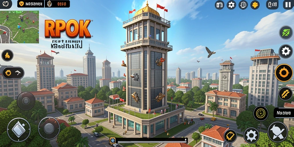 Screenshot utama RPOK menampilkan aksi menara bertahan melawan gelombang musuh.